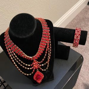 Red and gold rhinestone necklace with matching bracelet and earrings